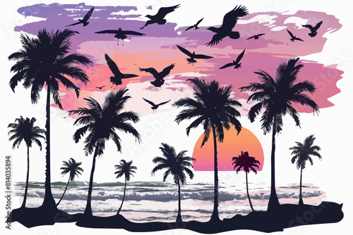 Pink beach sunshine grunge palm and biach in vintage style on white background. Sunset light. Vector silhouette.