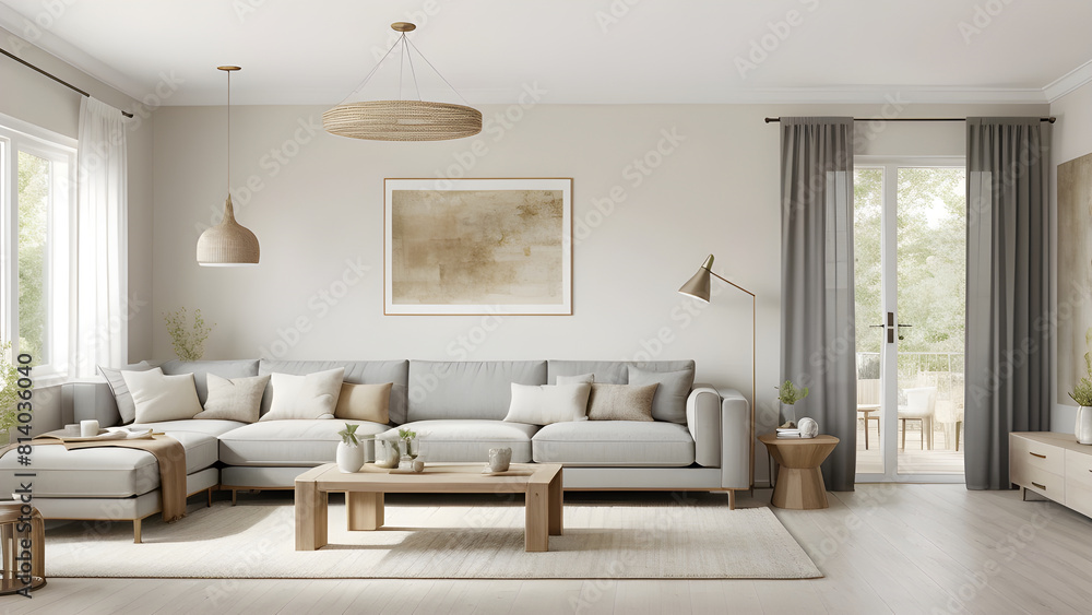 Modern living room with a neutral color scheme, comfortable sectional sofa, and contemporary decor in soft natural light Modern living room with a neutral color scheme, comfortable sectional sofa, and contemporary decor in soft natural light