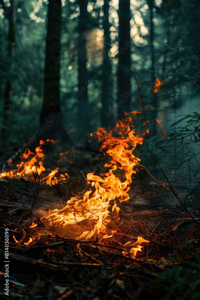A raging fire in a dense forest, caution advised A raging fire in a dense forest, caution advised
