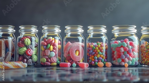 A row of glass jars filled with assorted candies and sweets, a tempting treat for any occasion