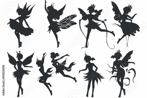 Cartoon magic fairy tale little fairies silhouettes. Magical little fairies girls flying with butterflies vector illustration set. Fantasy pixie creatures.