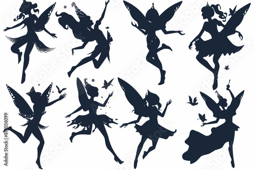Cartoon magic fairy tale little fairies silhouettes. Magical little fairies girls flying with butterflies vector illustration set. Fantasy pixie creatures.
