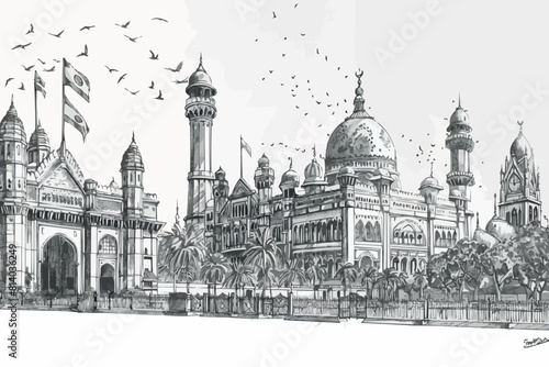 Taj Mahal an ancient Palace in India. landmark or architecture, hindu Temple. Traditional mausoleum-mosque. engraved hand drawn in old sketch.