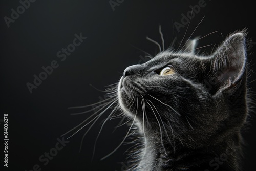 Fluffy cat looking up on a black background