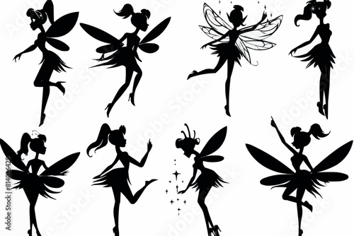 Cartoon magic fairy tale little fairies silhouettes. Magical little fairies girls flying with butterflies vector illustration set. Fantasy pixie creatures.