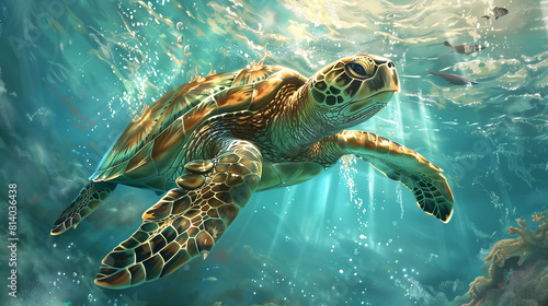 A sea turtle  exquisitely detailed  with a mottled green and brown shell  and translucent flippers  gracefully swims in the clear blue sea.        