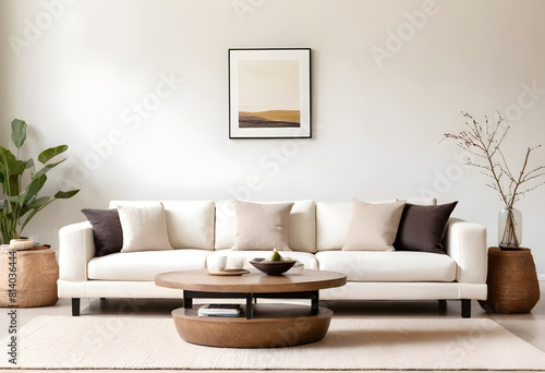 Inviting living room with a white sofa, wooden coffee table, and stylish plants, creating a cozy and welcoming atmosphere