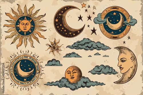 Astrology symbols. Silhouette sun and moon. Black star constellations. Occult vintage clouds. Esoteric or tarot line patterns