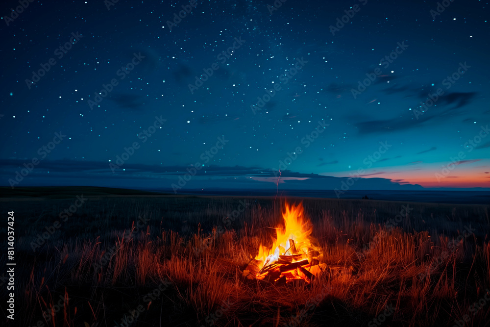 A Tranquil Countryside Prairie Night: Campfire Glowing in the Foreground Under a Majestic Starry Sky. No people. A Tranquil Countryside Prairie Night: Campfire Glowing in the Foreground Under a Majestic Starry Sky. No people.