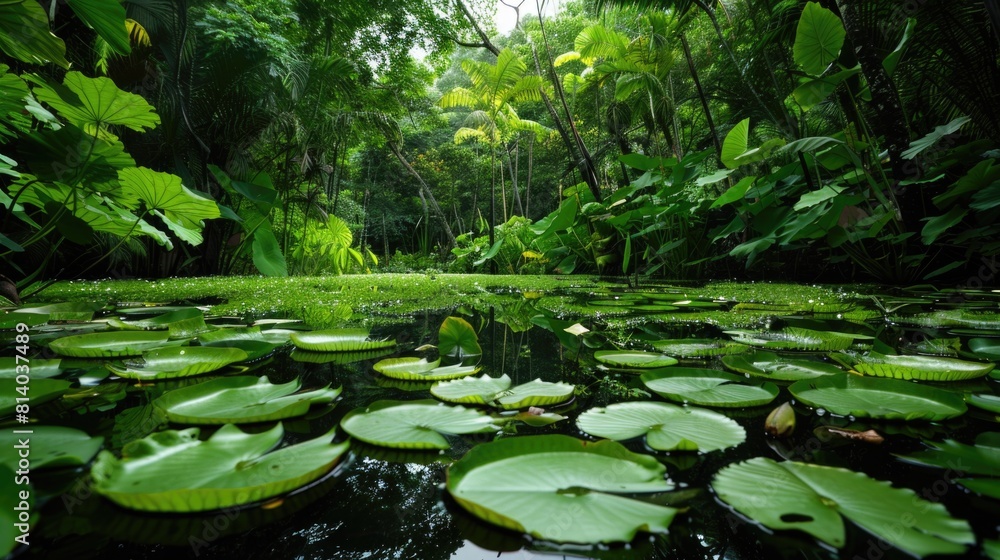Lush green forest with pond full of lilies Lush green forest with pond full of lilies