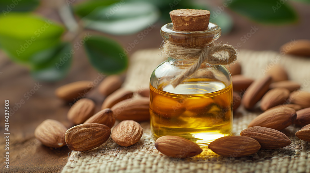Almond oil in a bottle, and sweet almonds on a wooden desk, creative copy space background. Nourishing oil for aromatherapy, cosmetics and body care. Almond oil in a bottle, and sweet almonds on a wooden desk, creative copy space background. Nourishing oil for aromatherapy, cosmetics and body care.