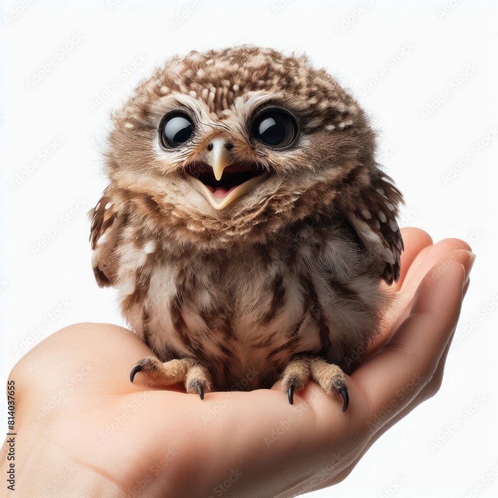 Naklejka premium real photo little Owl on hand smiles widely Isolated on white background