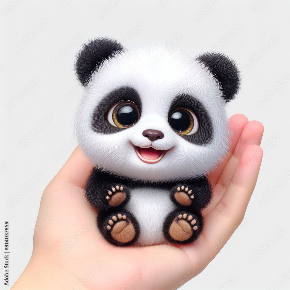 real photo little Panda on hand smiles widely Isolated on white background real photo little Panda on hand smiles widely Isolated on white background
