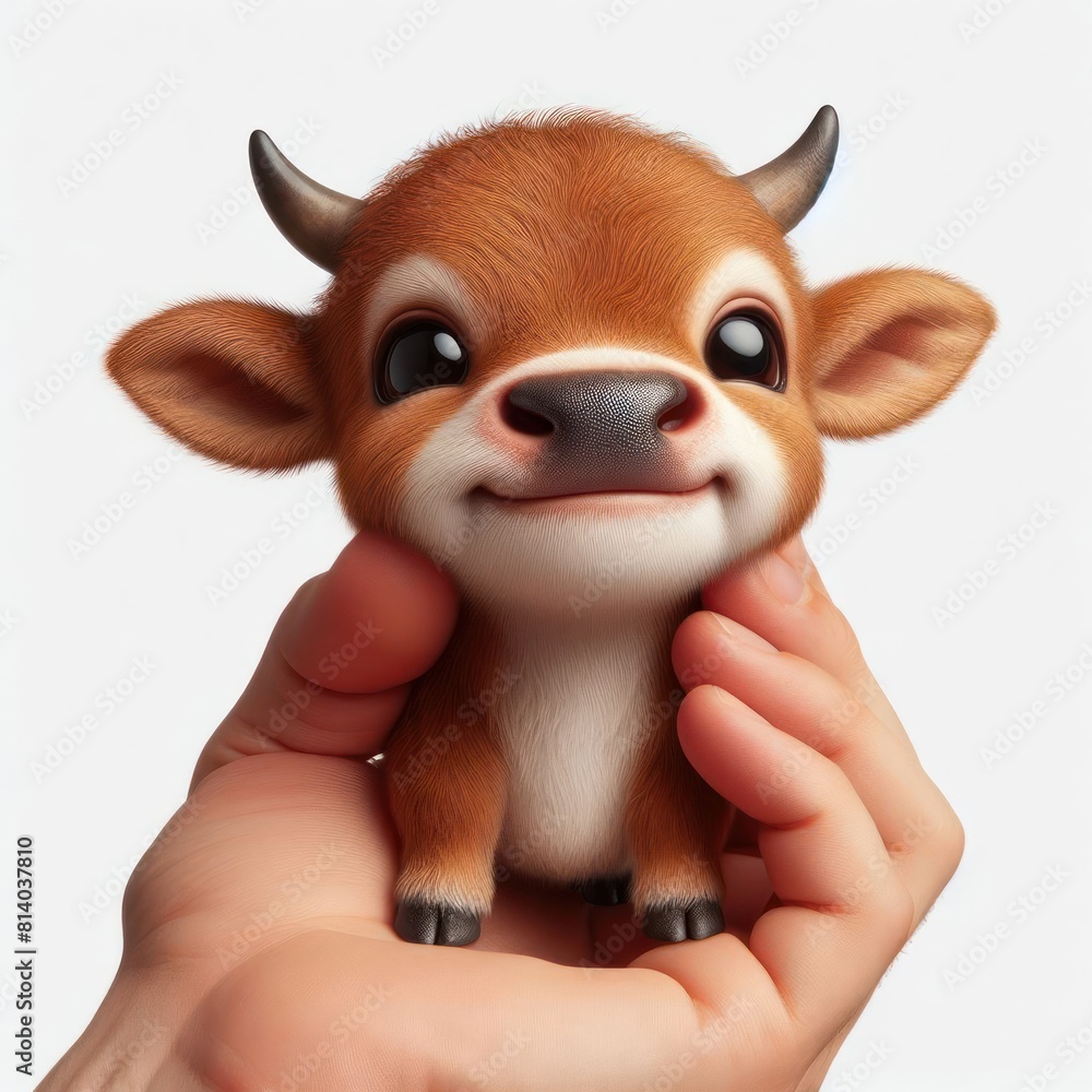 side view real photo small bull on hand smiles widely Isolated on white background