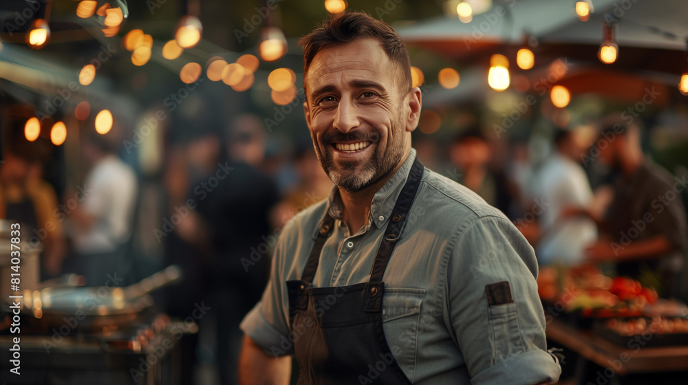 Handsome man in apron smiling at camera while cooking on grill Handsome man in apron smiling at camera while cooking on grill