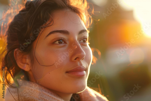 Tranquil young woman smiling and gazing at the glowing and peaceful golden hour sunset. Basking in the warmth and serenity of the natural beauty of the outdoors