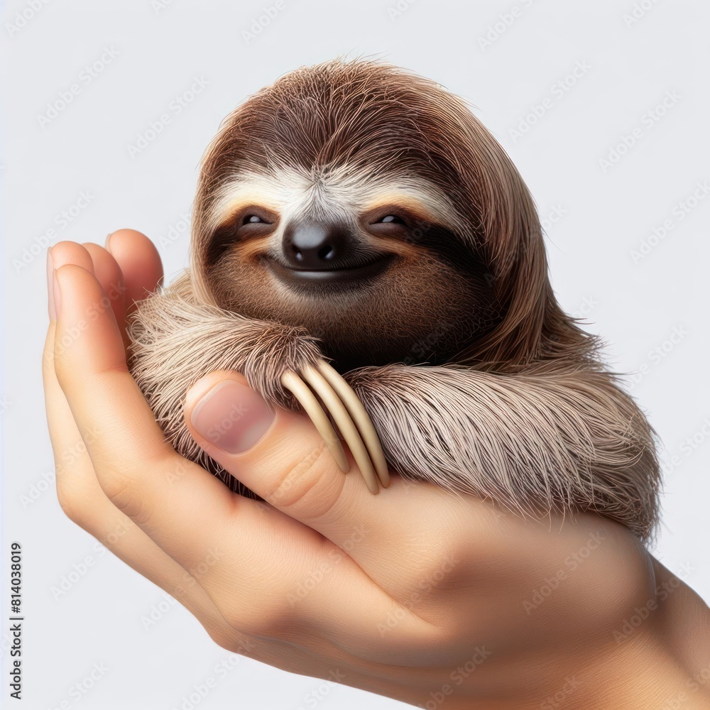 Fototapeta premium side view real photo small Sloth on hand smiles widely Isolated on white background