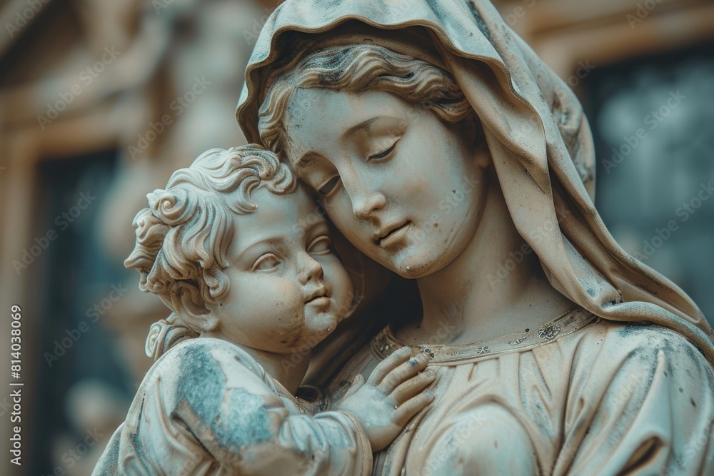 Closeup of a serene, weathered statue portraying a mother tenderly holding a child, captured with an artistic soft focus background to enhance its emotional and spiritual ambiance Closeup of a serene, weathered statue portraying a mother tenderly holding a child, captured with an artistic soft focus background to enhance its emotional and spiritual ambiance