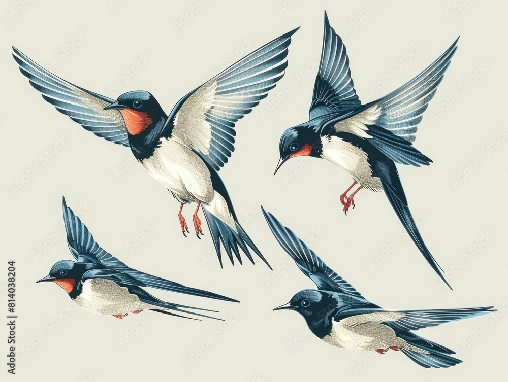 Obraz premium Four birds flying in air with their wings spread out