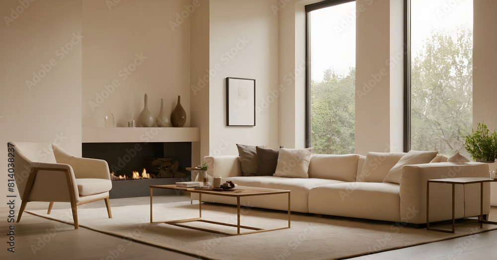 Light-filled minimalist living room with white sofa, armchairs, fireplace, and panoramic windows overlooking lush greenery Light-filled minimalist living room with white sofa, armchairs, fireplace, and panoramic windows overlooking lush greenery