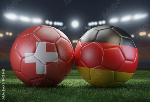 Two soccer balls in flags colors on a stadium blurred background. Group A. Switzerland and Germany. 3D image.