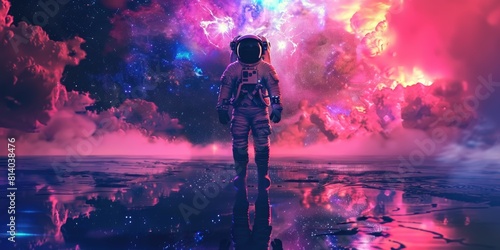 Man in spacesuit stands on planet with purple sky photo