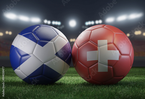 Two soccer balls in flags colors on a stadium blurred background. Group A. Scotland and Switzerland. 3D image.