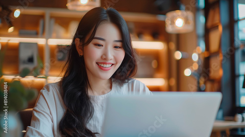 Home Office Happiness: Close up of Smiling Asian Woman Engaging in a Video Call with Laptop