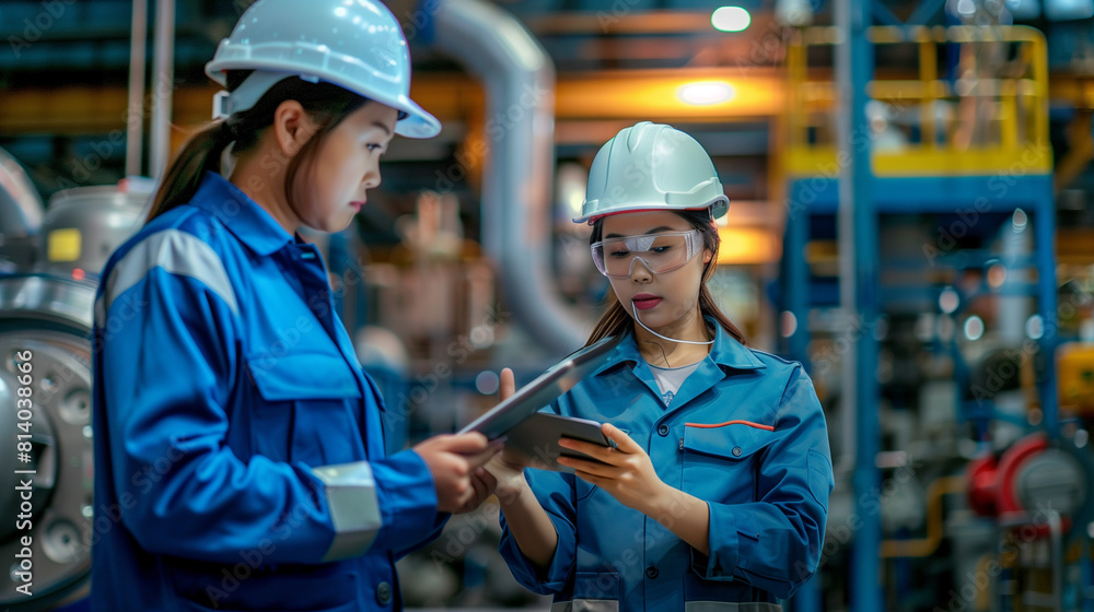 Asian woman engineer wearing a safety helmet and uniform using a tablet computer while standing with a female worker 