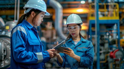 Asian woman engineer wearing a safety helmet and uniform using a tablet computer while standing with a female worker 