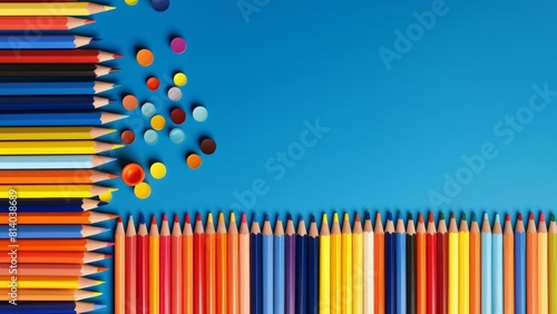  Vibrant colored pencils and paint dots arranged neatly on a bold blue background, creative and educational themes.
