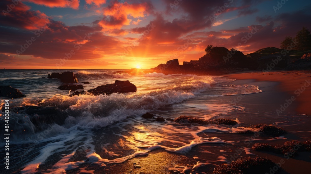 Colorful sunset over the ocean. Raging waves on the beach in the evening.