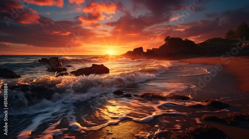 Colorful sunset over the ocean. Raging waves on the beach in the evening.