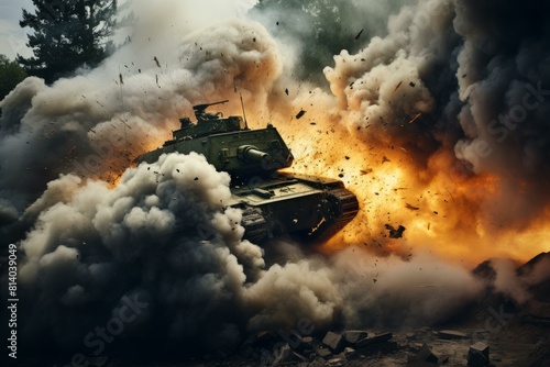 Devastating Tank fire explosion. Army gun military. Generate Ai