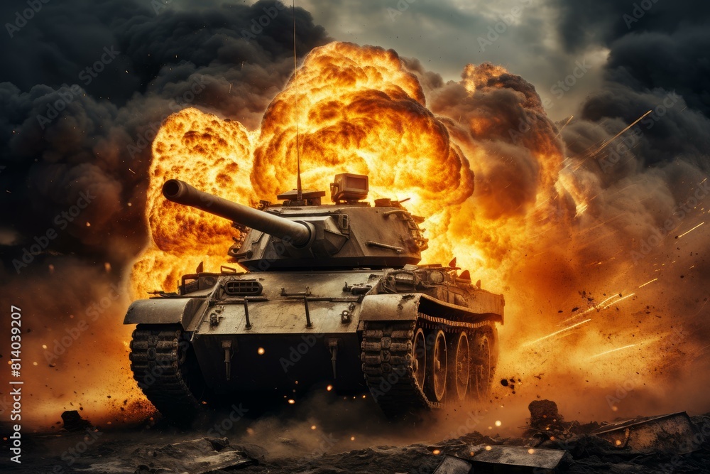 Fototapeta premium Devastating Tank fire explosion war. City violence. Generate Ai