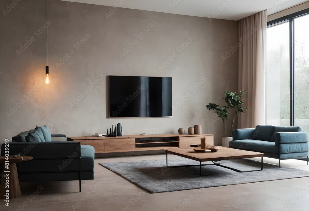 Elegant living room boasting a minimalist design with a flat-screen tv, comfortable couches, and warm, natural lighting through large windows Elegant living room boasting a minimalist design with a flat-screen tv, comfortable couches, and warm, natural lighting through large windows