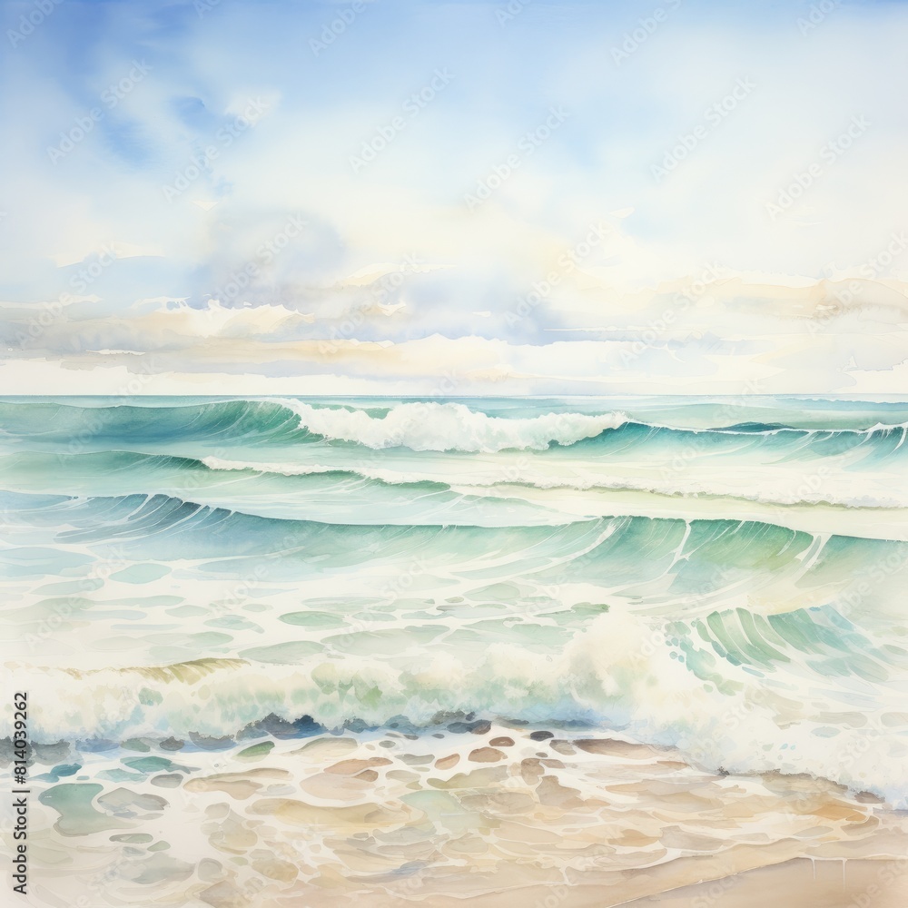 beach with waves crashing onto the shore under a blue sky. beach with waves crashing onto the shore under a blue sky.