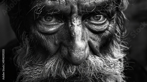 portrait noir et blanc en gros plan d'un vieil homme barbu et ridÃ© --ar 16:9 Job ID: fe6ba8bf-ffa8-4b1f-a7dc-d3c617b57957 photo