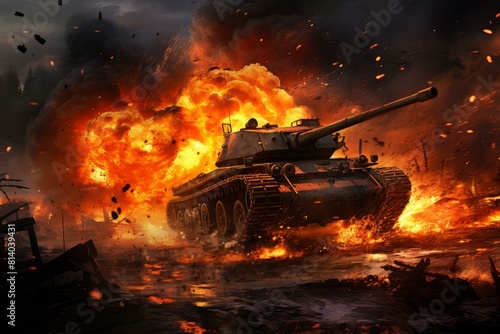 Devastating Tank war fire explosion. City battle. Generate Ai photo