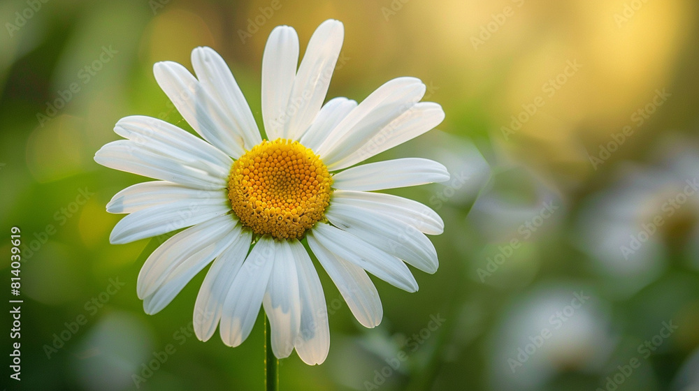 Fototapeta premium A cheerful daisy, its white petals adorned with a burst of sunny yellow at its center, radiating joy and positivity.