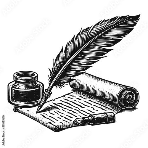 quill pen and scroll next to an inkwell sketch