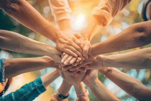 Group of young people meditating during yoga retreat,  Conceptual symbol of multiracial human hands making a circle