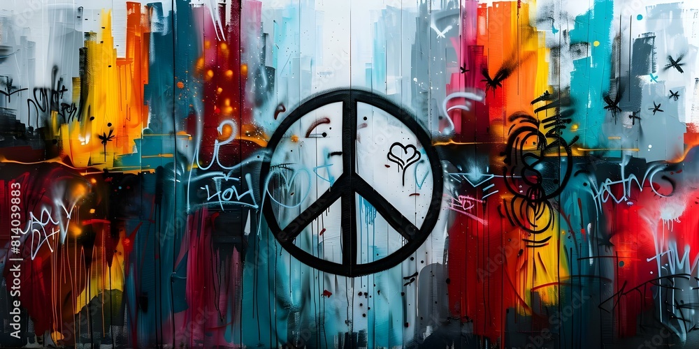 Fototapeta premium Colorful urban graffiti collage with peace sign love and positive messages. Concept Urban Art, Graffiti Culture, Peace and Love, Positive Messages