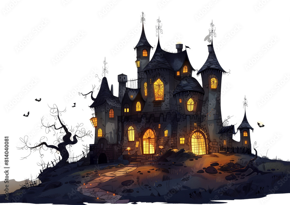 Haunting Gothic Castle Shrouded in Mysterious Darkness and Flickering Lights on Isolated Hilltop Ominous Atmosphere Pervades the Abandoned, isolated on transparent background.