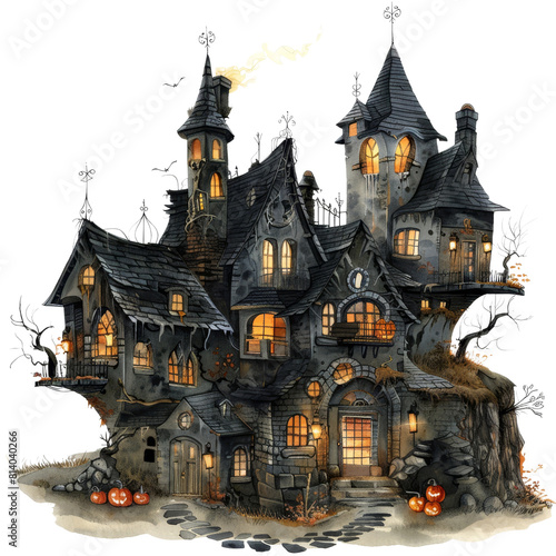 Haunting Gothic Mansion Shrouded in Supernatural Mystery and Spooky Ambiance on a Moonlit Halloween Night, isolated on transparent background. photo