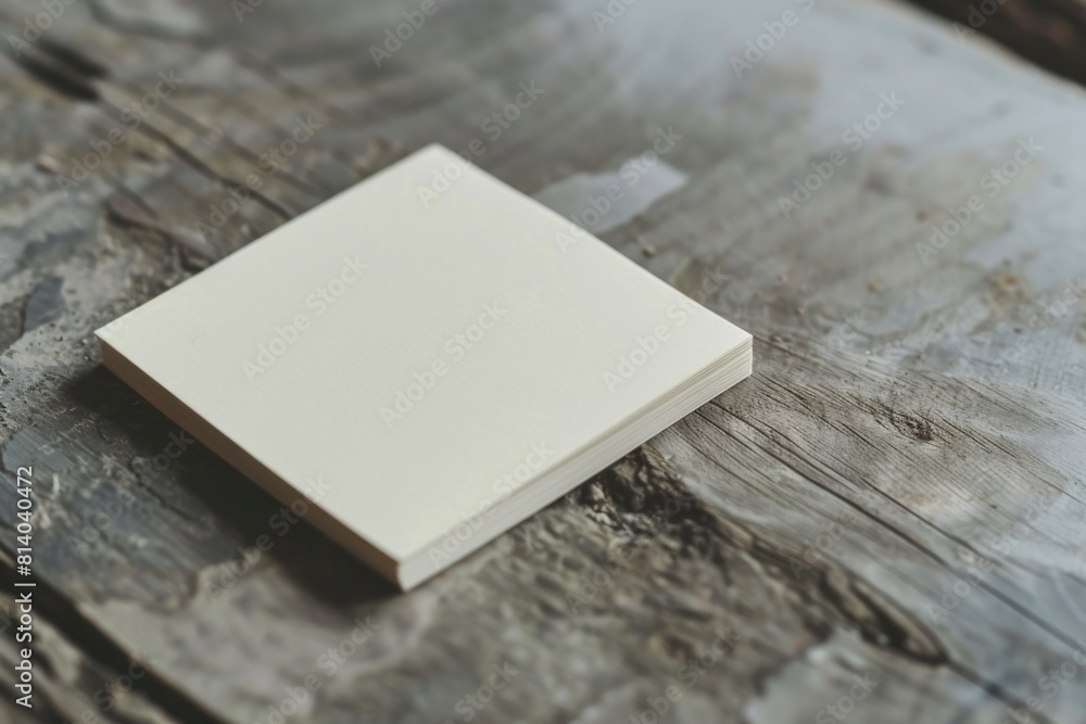 White square piece of paper sits on wooden surface White square piece of paper sits on wooden surface