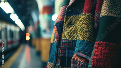 Close up dynamic shot of a patchwork coat on a subway station in the evening