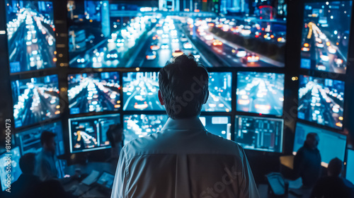 High-Tech Surveillance Center Monitoring Urban Traffic: A Dedicated Operator Observes Multiple Screens Displaying Citywide Activity at Night