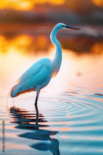 A serene image of a white bird standing in calm water. Perfect for nature-themed designs