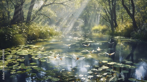 A gentle stream meanders through a sun-dappled glade  its crystal-clear waters teeming with life as dragonflies flit above the surface in a ballet of movement.